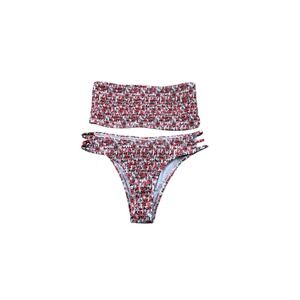 Unbranded Floral Smocked Bikini Set Red White Bandeau Top High Cut S